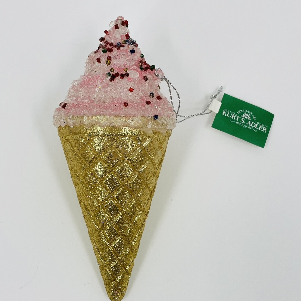 Kurt S Adler Pink Ice Cream Cone Glitter Christmas Ornament T0236 New With Tags